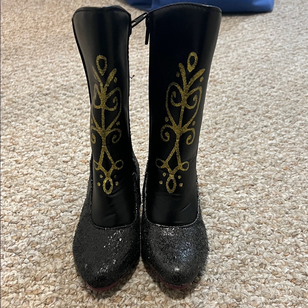 Disney Kids Black Boots with Gold Glitter Accents